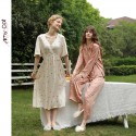 Soft Fairy Style Satin Coffee Dot Print Short Sleeve Nightgown - Waist-Defining Elegant Summer Sleep Dress