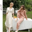 Soft Fairy Style Satin Coffee Dot Print Short Sleeve Nightgown - Waist-Defining Elegant Summer Sleep Dress