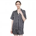 Women’s 100% Mulberry Silk Short Sleeve PJ Set | 19 Momme V-Notch Collar Black Stripe Sleepwear (M-XL)
