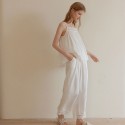 Pure White Rayon Sateen Lace Trim Strap & Pants Set - Soft Loungewear