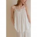 Pure White Rayon Sateen Lace Trim Strap & Pants Set - Soft Loungewear