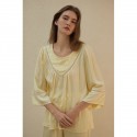 Embroidered Rayon Sateen Lace Trim Loose-Fit Long Sleeve Pajama Set