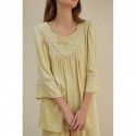 Embroidered Rayon Sateen Lace Trim Loose-Fit Long Sleeve Pajama Set