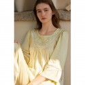 Embroidered Rayon Sateen Lace Trim Loose-Fit Long Sleeve Pajama Set