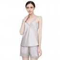Women’s Summer 100% Mulberry Silk Camisole & Shorts Set | 19 Momme Sleeveless PJs with Lace Trim (Black & Charcoal Gray)