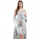 Women’s Luxury 100% Mulberry Silk Nightdress & Robe Set | 19 Momme V-Neck Lace Trim Sleepwear (Butter Yellow, Sky Blue)