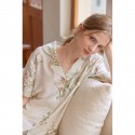 Lightweight Bamboo Fiber Double Gauze Pajama Set - Elegant Print Contrast Collar Short Sleeve Loungewear