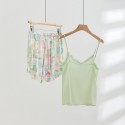 Fashion V-Neck Modal Satin Vanilla Mint Print Camisole Shorts Set - Trendy European Style Summer Pajamas