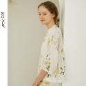 Mixi Cat Modal Satin Rose Print Short Sleeve Pullover Pajama Set - Collarless Comfortable Lounge Wear for Women