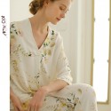 Mixi Cat Modal Satin Rose Print Short Sleeve Pullover Pajama Set - Collarless Comfortable Lounge Wear for Women