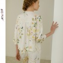 Mixi Cat Modal Satin Rose Print Short Sleeve Pullover Pajama Set - Collarless Comfortable Lounge Wear for Women