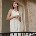 Modal Satin Square Neck Halter Dress with Delicate Lily of the Valley Print - Chic Midi Length Homewear