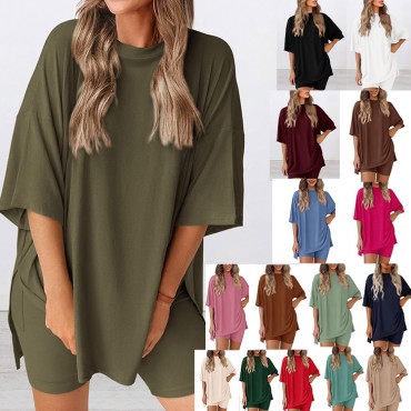 Women’s Summer Loose Fit Pajama Set – Solid Color 3/4 Sleeve Top & Shorts Loungewear, Lazy Style