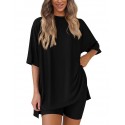 Women’s Summer Loose Fit Pajama Set – Solid Color 3/4 Sleeve Top & Shorts Loungewear, Lazy Style