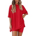 Women’s Summer Loose Fit Pajama Set – Solid Color 3/4 Sleeve Top & Shorts Loungewear, Lazy Style