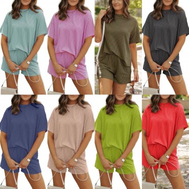 Summer Casual Striped Lounge Pajama Set for Women – Round Neck, Solid Color, Wearable Outdoors