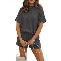 Summer Casual Striped Lounge Pajama Set for Women – Round Neck, Solid Color, Wearable Outdoors