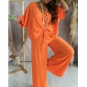 V-Neck Solid Color Batwing Sleeve Pajama Set for Women – Loose Fit Wide-Leg Pants, Wearable Outdoors