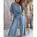 V-Neck Solid Color Batwing Sleeve Pajama Set for Women – Loose Fit Wide-Leg Pants, Wearable Outdoors