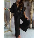 V-Neck Solid Color Batwing Sleeve Pajama Set for Women – Loose Fit Wide-Leg Pants, Wearable Outdoors