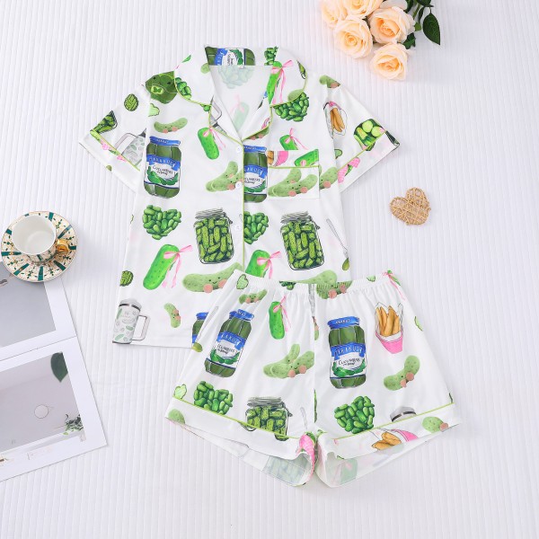 Cucumber Print Lapel Short-Sleeve & Shorts Pajama Set – Lightweight Loungewear for Women
