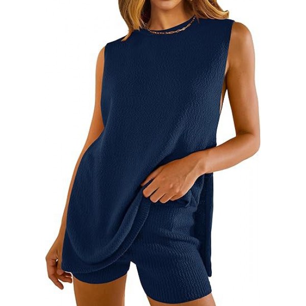 Summer Knitwear Set for Women - Breathable Sleeveless Pullover & Lounge Top 2-Piece Outfit, Loose Fit Casual Comfort