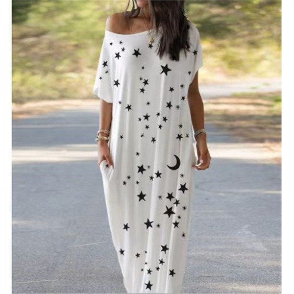 Women's Summer Celestial Print Dress - Long Sleeveless Round Neck Casual Maxi Dress with Pockets, Moon and Stars Pattern