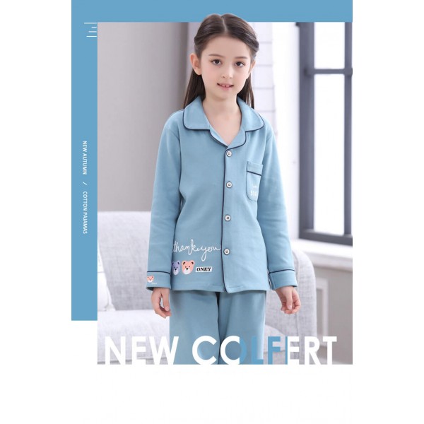 long sleeves cotton Girls pajama sets blue