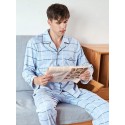 Plaid pattern long sleeved men's cotton Pajama sets for spring and autumn