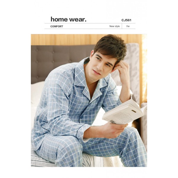 Plaid pattern long sleeved men's cotton Pajama sets for spring and autumn