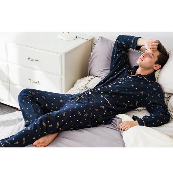 men's long sleeves cotton Pajamas deep blue with space print