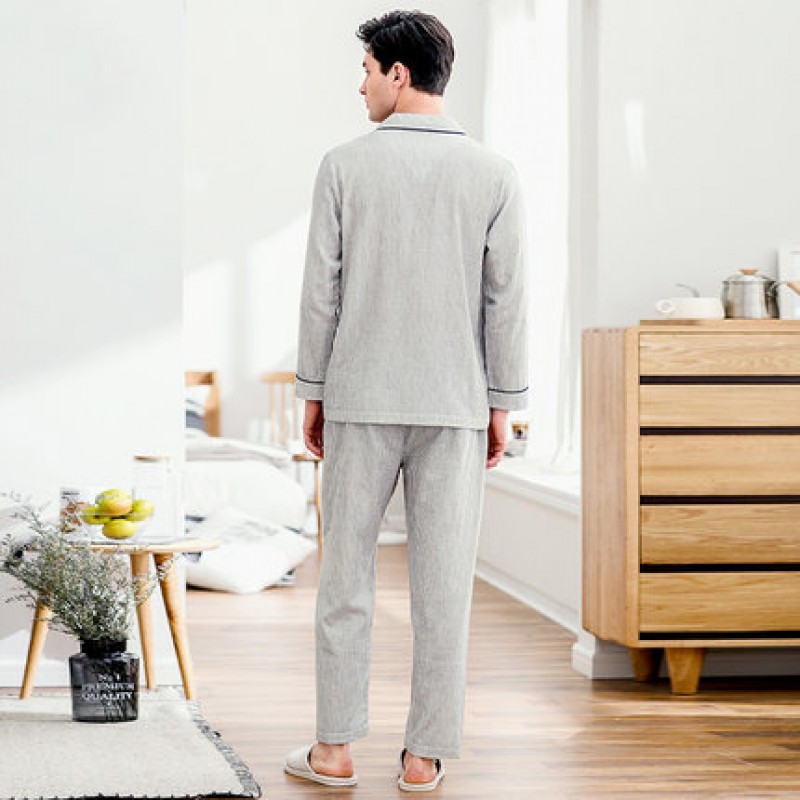 cotton long sleeved Pajama sets for mens gray stripe