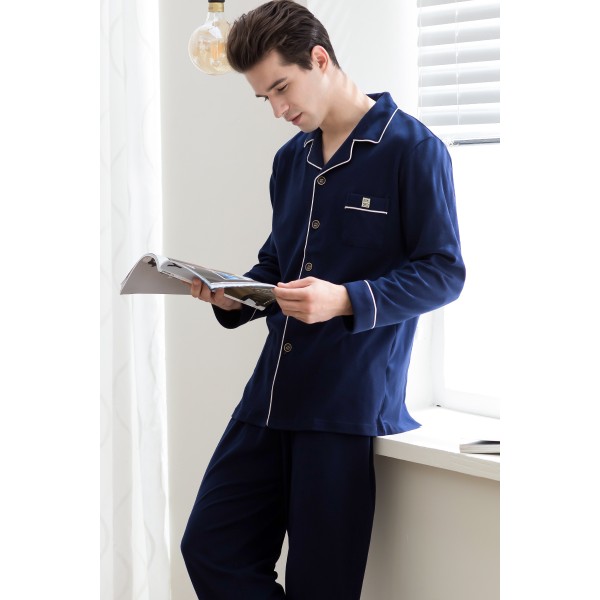 Navy blue cotton long sleeved Men's pajamas