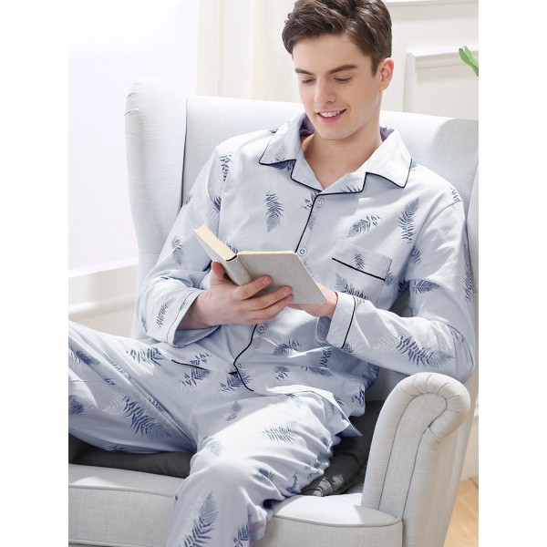 Luxury printing solid color long sleeves cotton Men's pajama sets blue