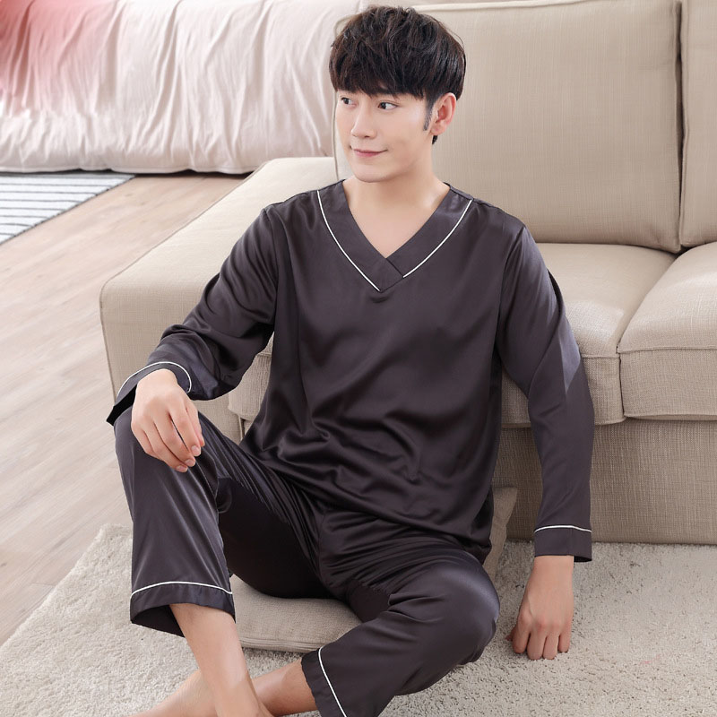 Pure color Satin pajamas for men V-neck luxury sleepwear male