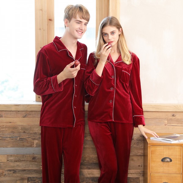 Velvet couple pajamas,ladies red wedding brides home sets for Fall / Winter