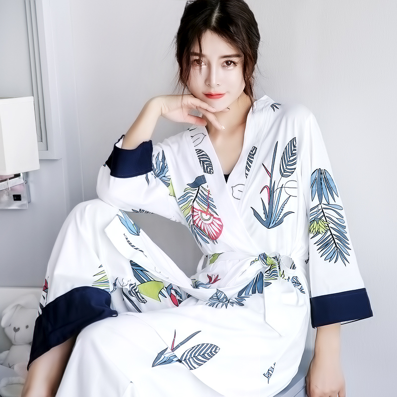 Ladies' cotton pajamas long sleeved sexy kimono night gown sets
