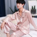 Long sleeved mens ice silk pajama sets silky nightwear male pure color