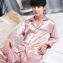 Long sleeved mens ice silk pajama sets silky nightwear male pure color