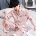 Long sleeved mens ice silk pajama sets silky nightwear male pure color
