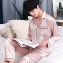 Long sleeved mens ice silk pajama sets silky nightwear male pure color