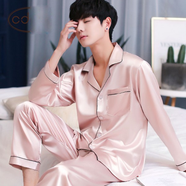 Long sleeved mens ice silk pajama sets silky nightwear male pure color